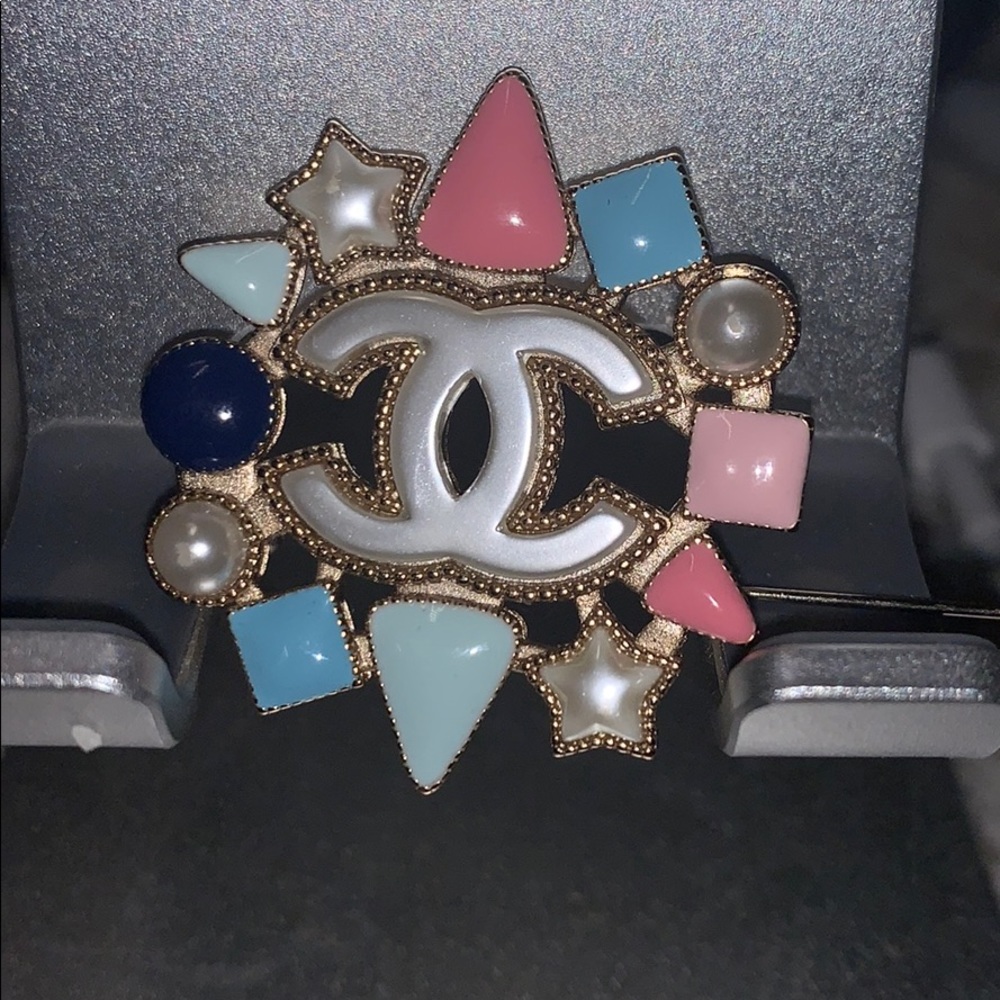 Chanel Silver Enamel Logo Pin
